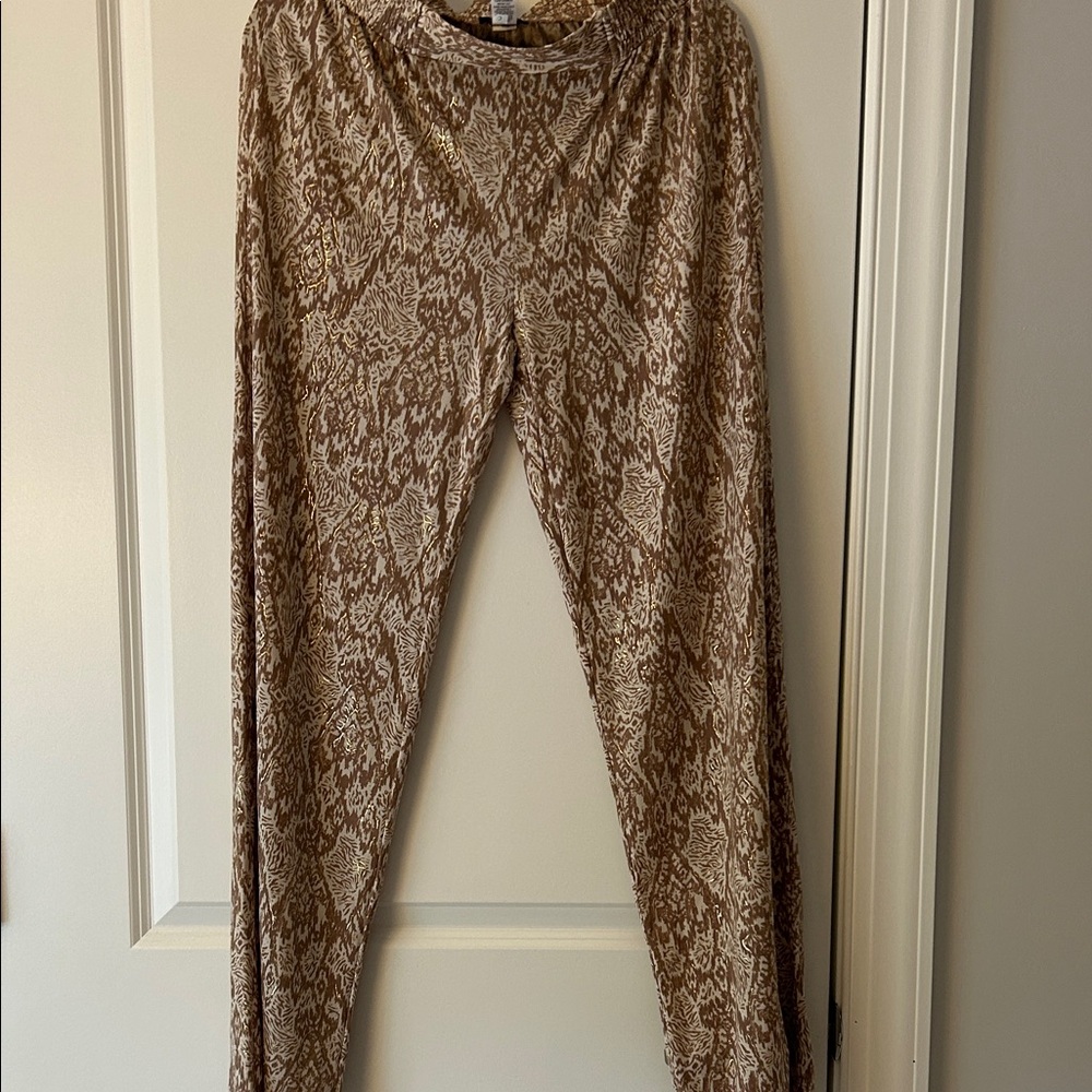 IMAN Beige and Gold Patterned Pants